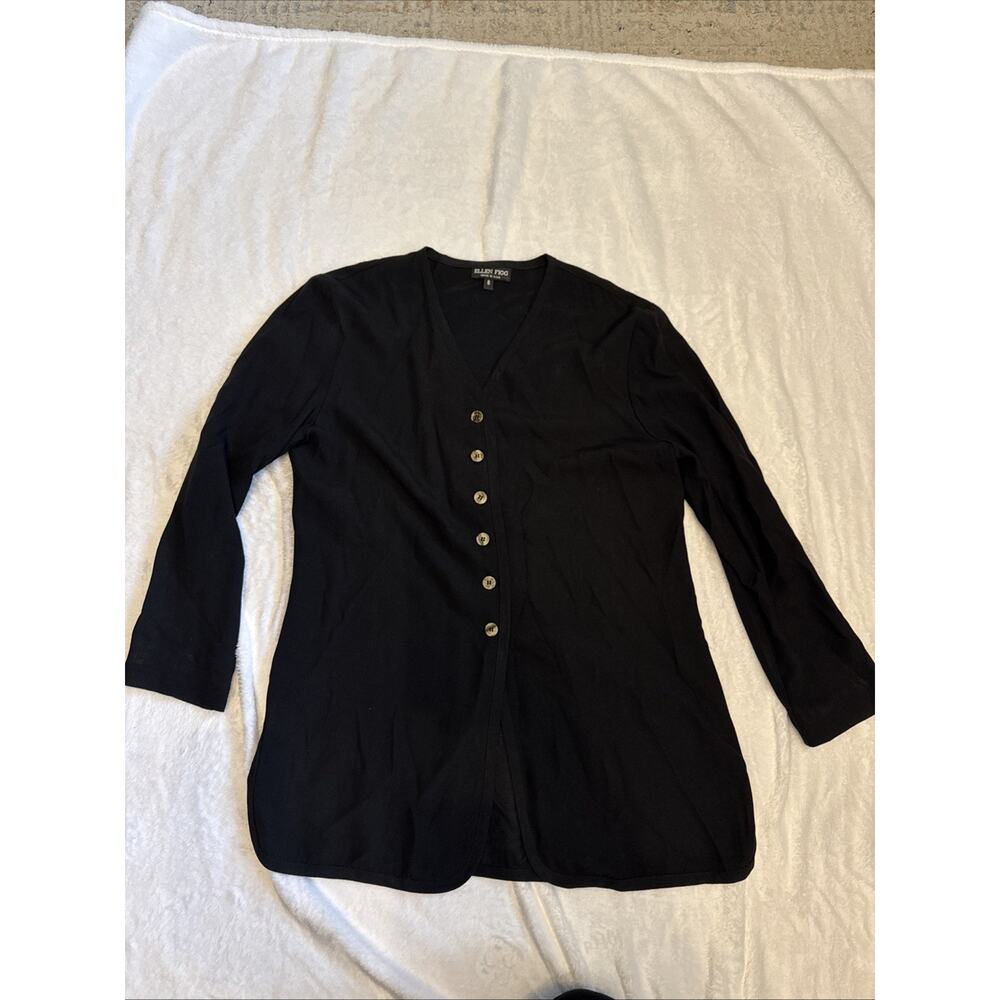 Ellen Figg Beige Tunic Top Button Up Black Lagenlook Rayon Linen Blend Size 8